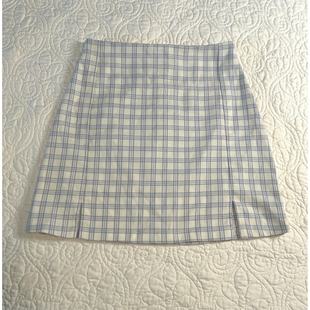 Brandy Melville Cara Skirt Light Blue White Plaid Mini Front Slit  XS Preppy/S